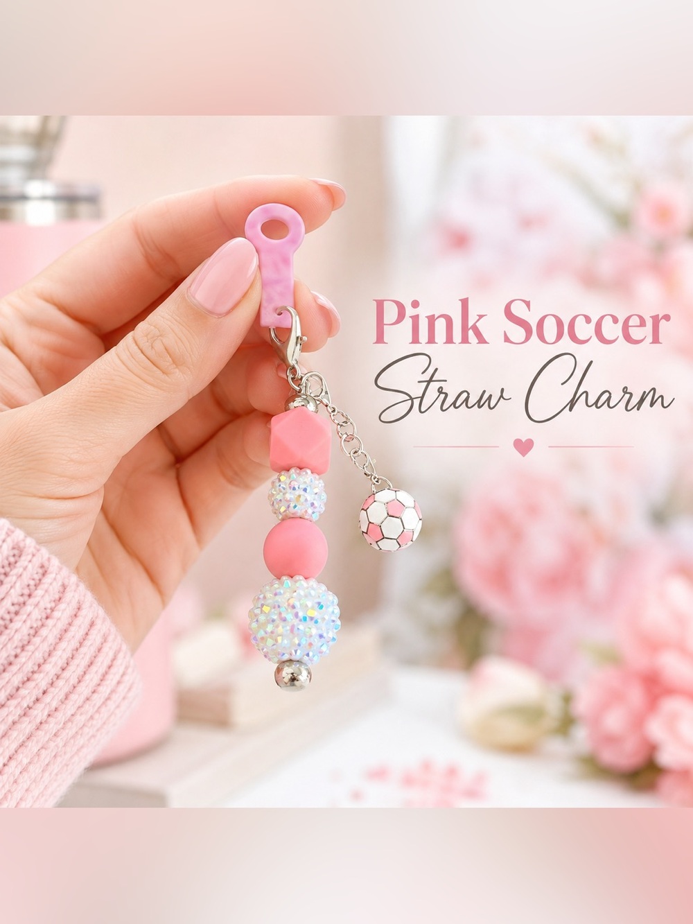 Handmade Pink Soccer Straw Charm | Silicone Beaded Tumbler Straw Accessory